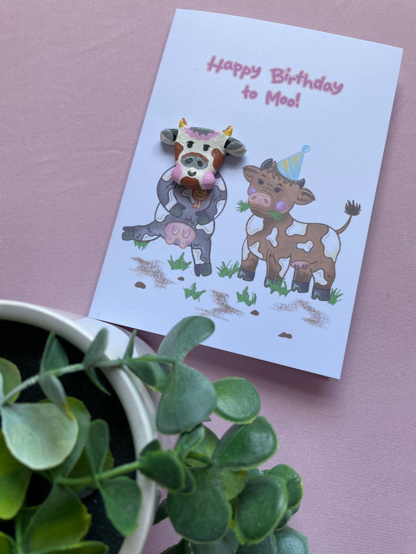 ‘Happy Birthday to Moo’ Cow Clay Pin Greeting Card