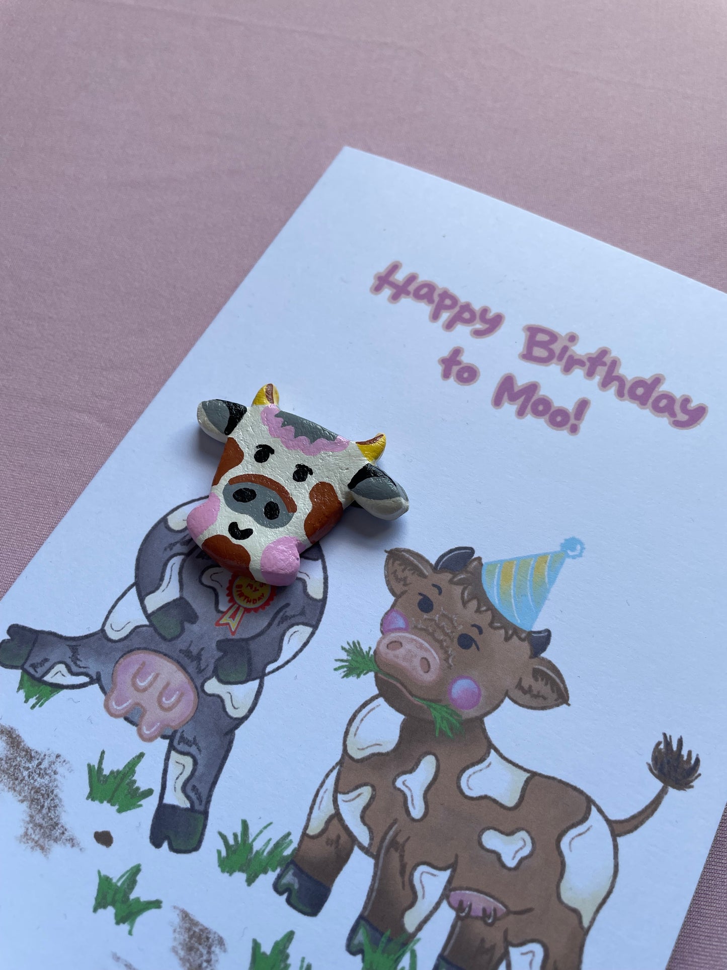 ‘Happy Birthday to Moo’ Cow Clay Pin Greeting Card