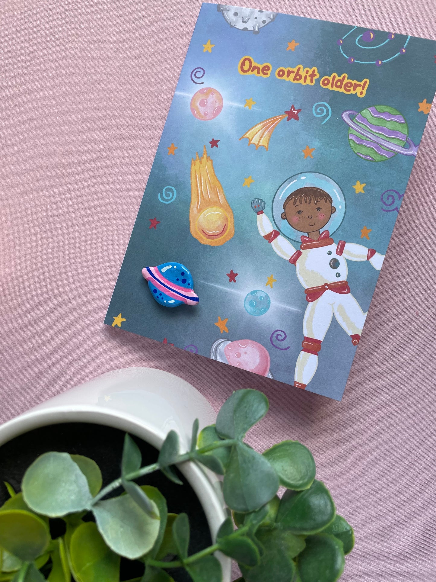 ‘One orbit older’ Planet Clay Pin Greeting Card