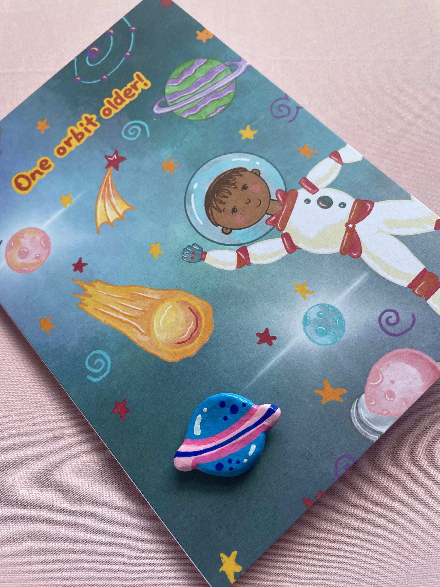 ‘One orbit older’ Planet Clay Pin Greeting Card