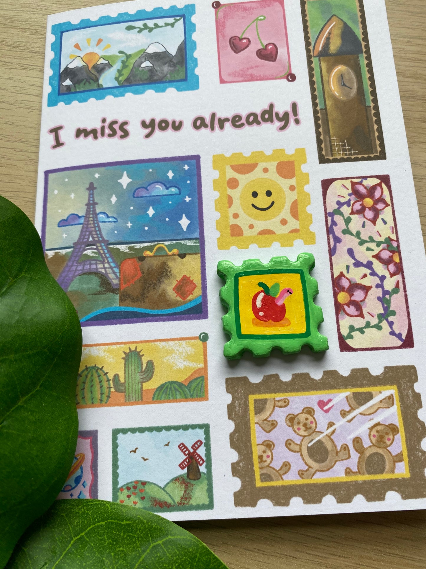 ‘I miss you already’ Apple Clay Pin Greeting Card