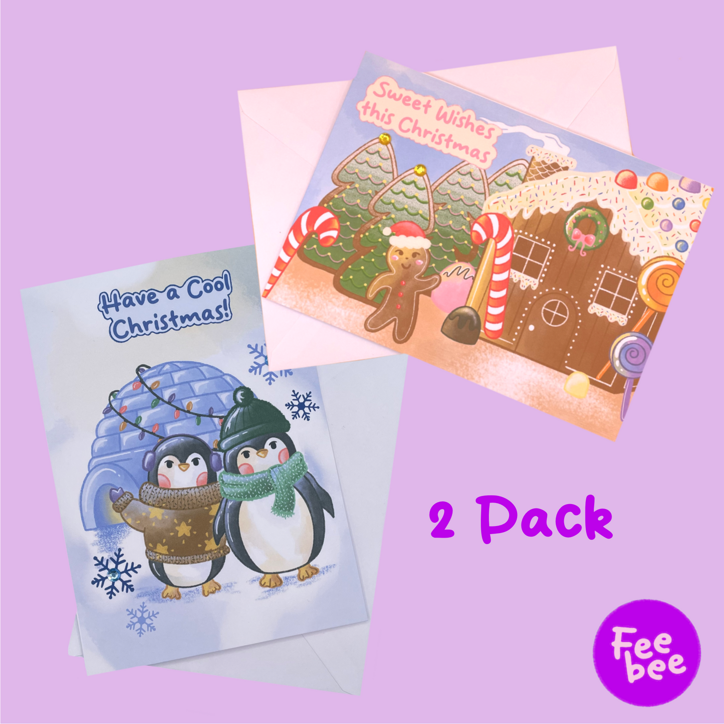 PACK OF TWO Illustrated Christmas Greeting Cards