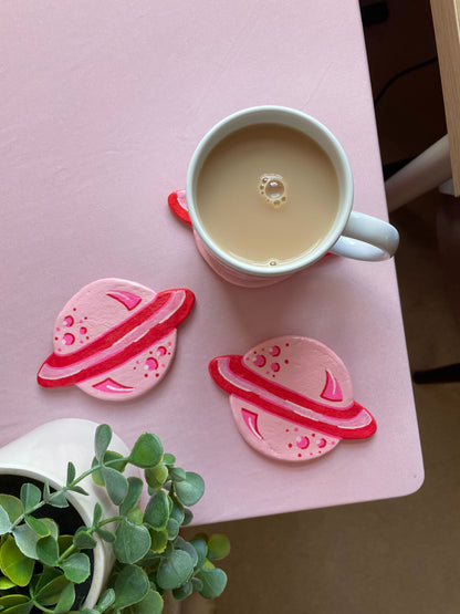 Pink Planet Handmade Clay Coaster
